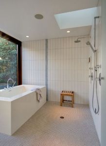 Penny tile floor with vertical subway tiles