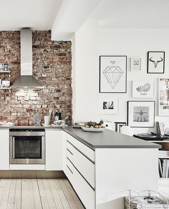 Exposed brick and clean counters - Kitchen Inspiration for #ThisOldHouse via www.L-2-Design.com