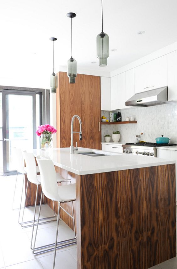 The combination of luscious, dark wood and bright white counters and cabinets is almost too much to bear. I want to touch everything - it's like a tactile playground for architects! #kitchen inspiration for #ThisOldHouse via www.L-2-Design.com