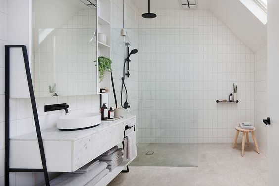 A bit more of a spacious bathroom, but the skylight and layout remind me of what you'd find in the upper story of a Dutch or European country home. #ThisOldHouse inspiration via www.L-2-Design.com