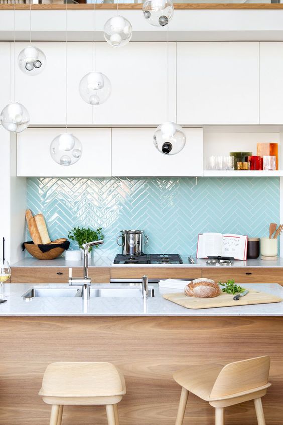 Another bright color in this kitchen backsplash - this one definitely has me thinking of summer.  #ThisOldHouse inspiration via www.L-2-Design.com