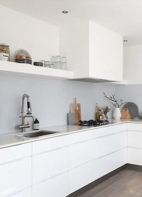 And out even further to cabinets, shelves. and a range hood in a minimal kitchen. A continued simple color palette for this kitchen and blocking of the range hood and shelving together. Perfect. #ThisOldHouse kitchen inspiration via www.L-2-Design.com